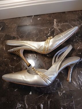 Anne Klein Silver Slingback Pumps with Gold Trim